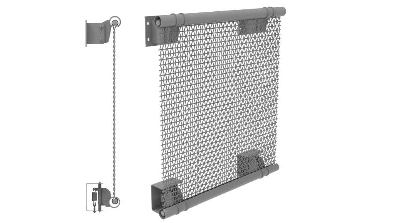 Architectural mesh installation with cylindrical shroud & springs and side view drawing