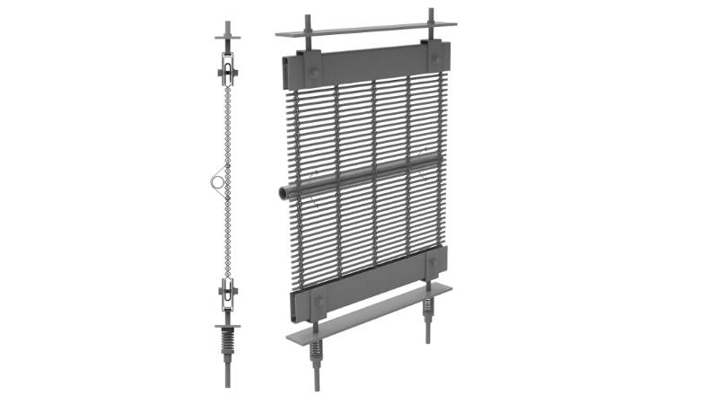 Architectural mesh installation with flat tension profile with clevis and side view drawing