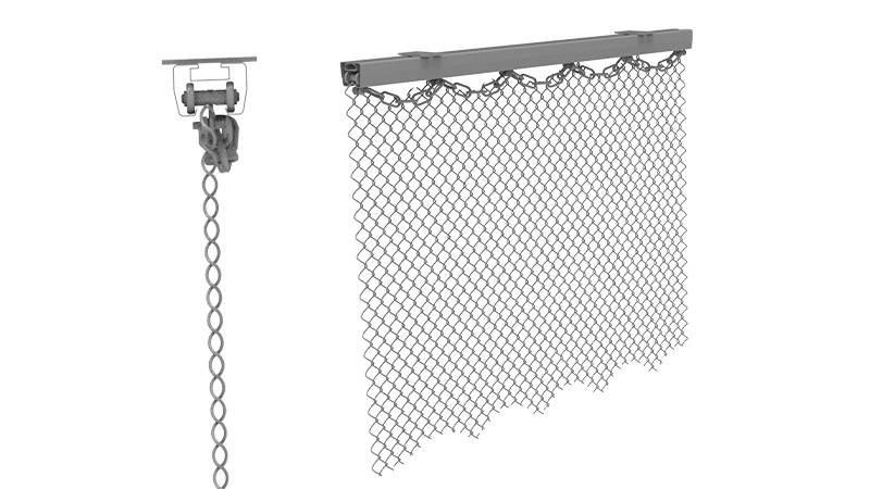 Architectural mesh installation with fixed track and its side view drawing