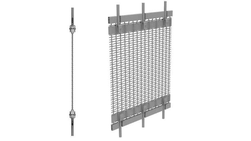 Architectural mesh installation with reinforced internal flat bar and side view drawing