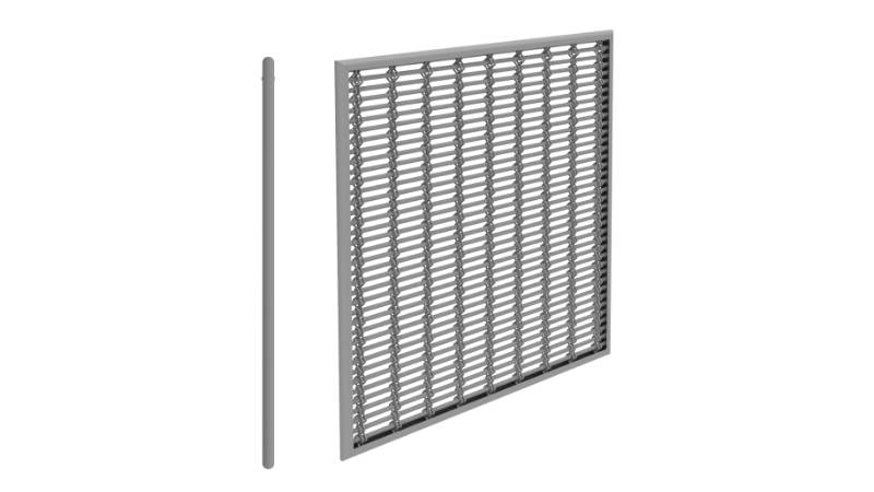 Architectural mesh installation with U-binding frame and side view drawing