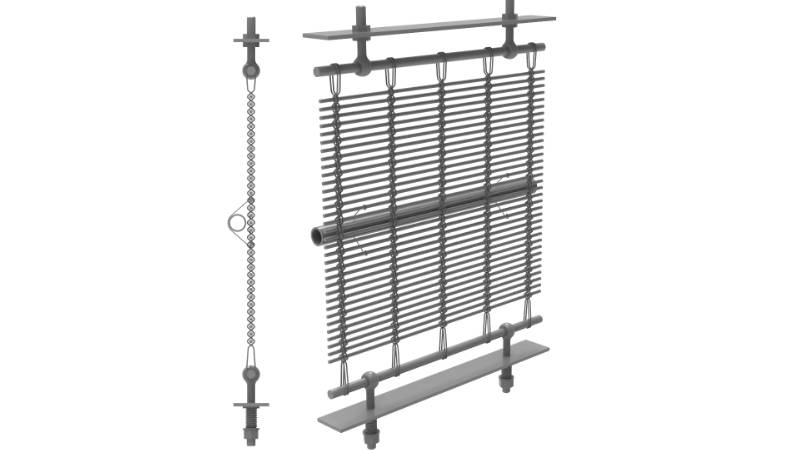 Architectural mesh installation with woven-in-bar with eyebolts and side view drawing