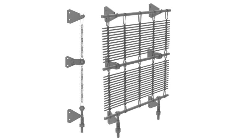Architectural mesh installation with woven-in-bar with springs and side view drawing