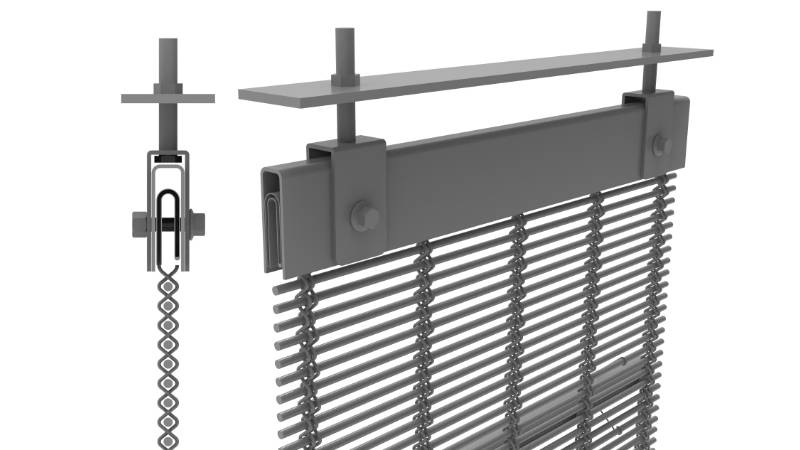 Architectural mesh flat tension profile with clevis top mounting details and side view drawing