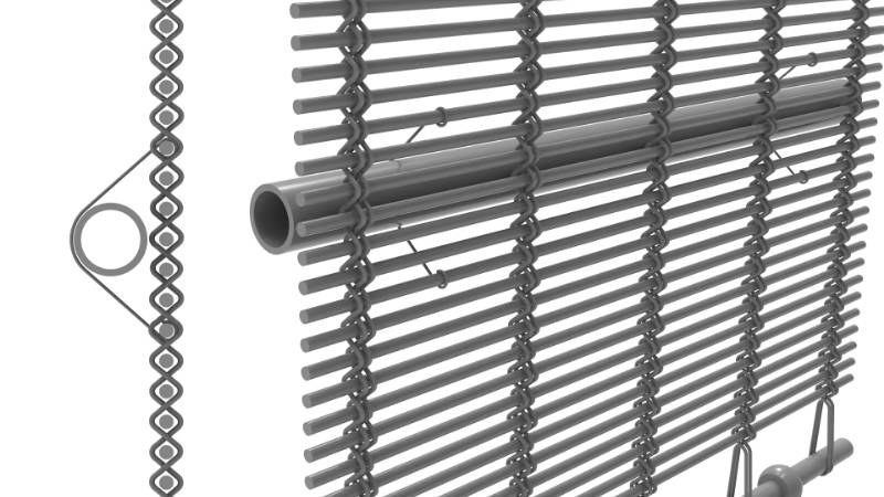Architectural mesh woven-in-bar with eyebolts intermediate mounting details and side view drawing