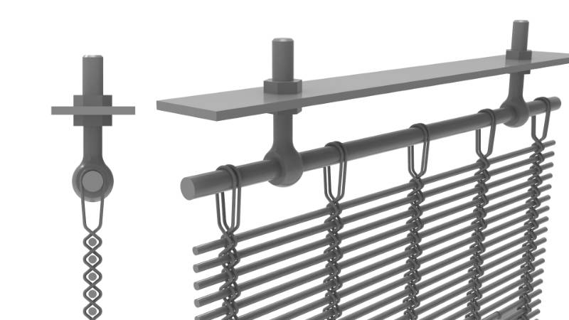Architectural mesh woven-in-bar with eyebolts top mounting details and side view drawing