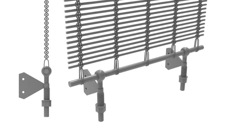 Architectural mesh woven-in-bar with springs bottom mounting details and side view drawing