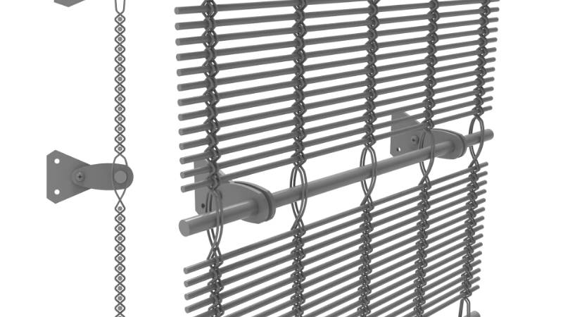Architectural mesh woven-in-bar with springs intermediate mounting details and side view drawing
