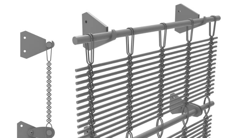 Architectural mesh woven-in-bar with springs top mounting details and side view drawing