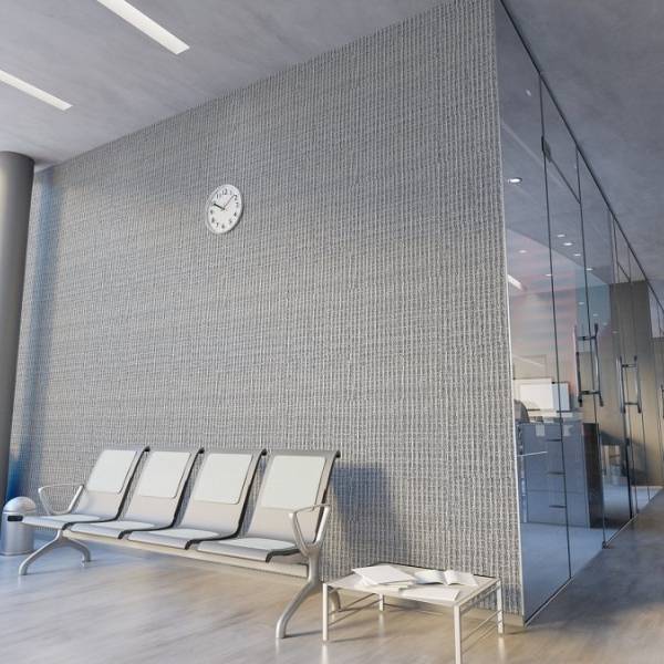 Metal decorative mesh functions as office wall coverings.