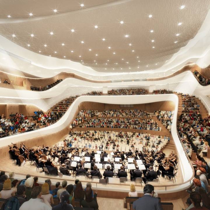 Audience is enjoying the music being played in the concert hall