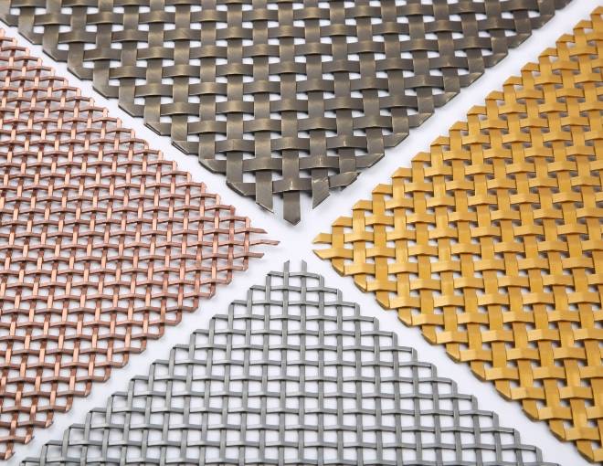 Several different material and mesh patterns of architectural mesh on white background.