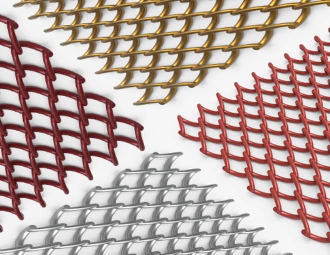 Several different material and mesh patterns of architectural mesh on white background.