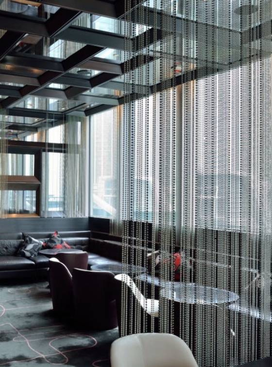 Metal bead curtain is used to divide the space.