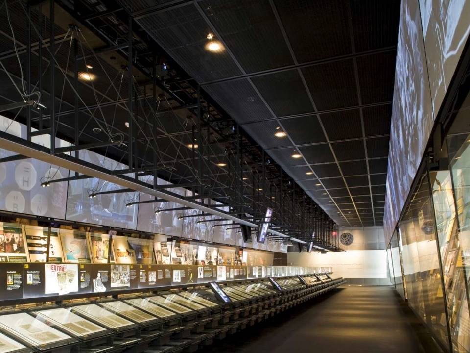 Metal decorative mesh serves as museum ceilings.