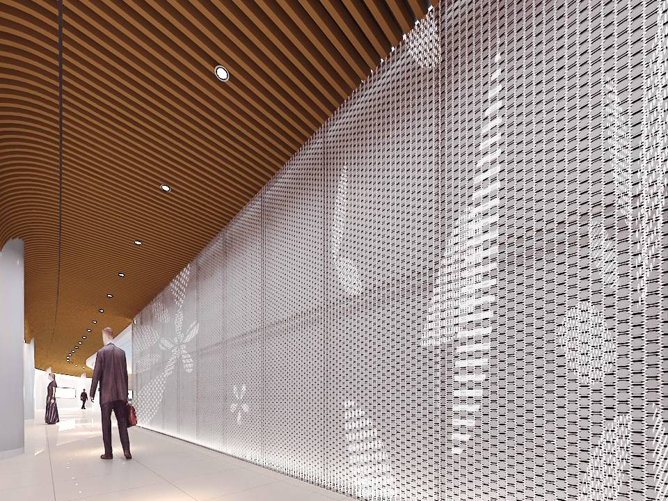Metal decorative mesh acts as museum partitions.